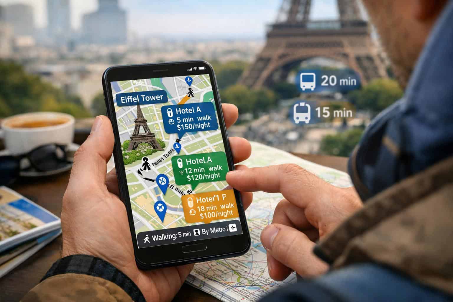 Traveler finding affordable hotels near attractions using a map