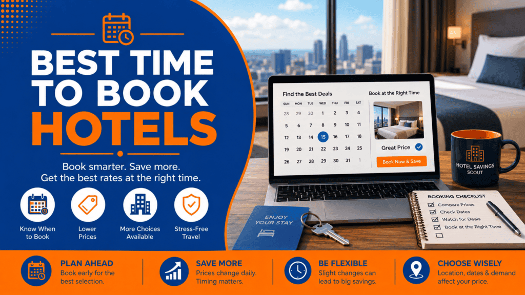 Best Time to Book Hotels guide hero banner showing hotel booking strategy, travel planning, and ways to save on lodging rates.
