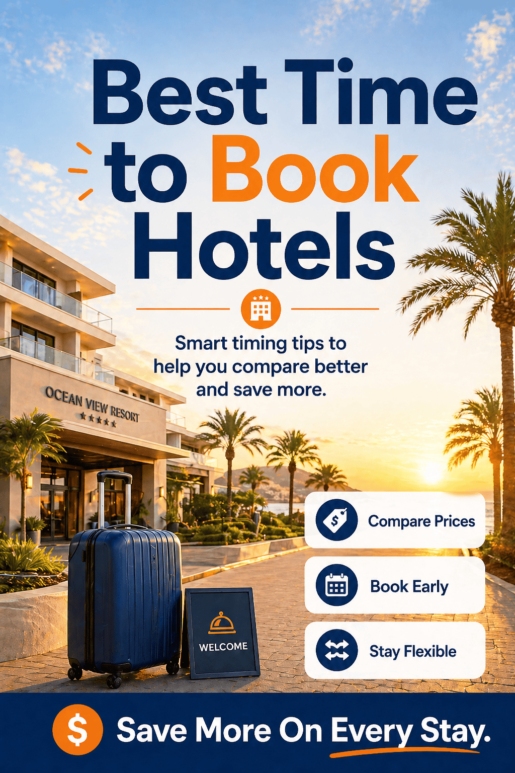 Calendar and hotel building representing the best time to book hotels