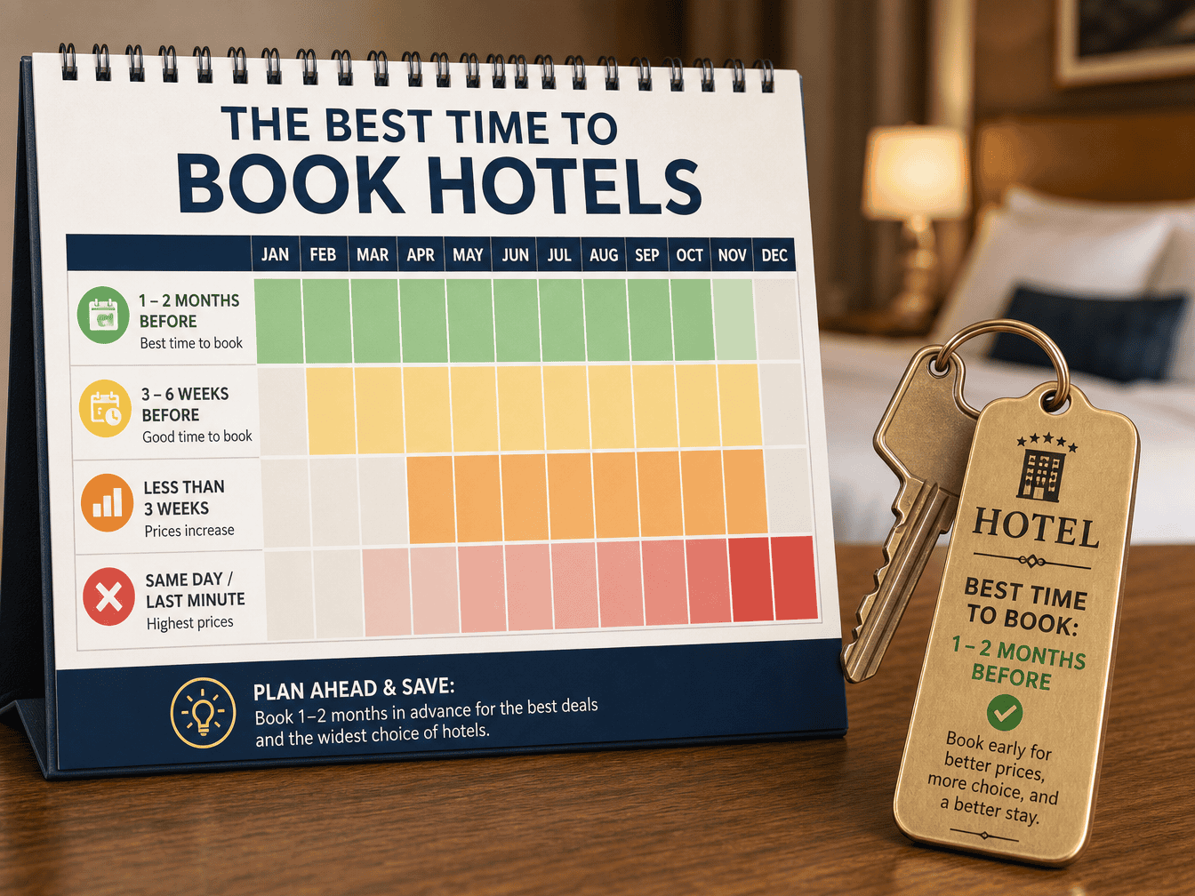 Calendar and hotel room key showing the best time to book hotels