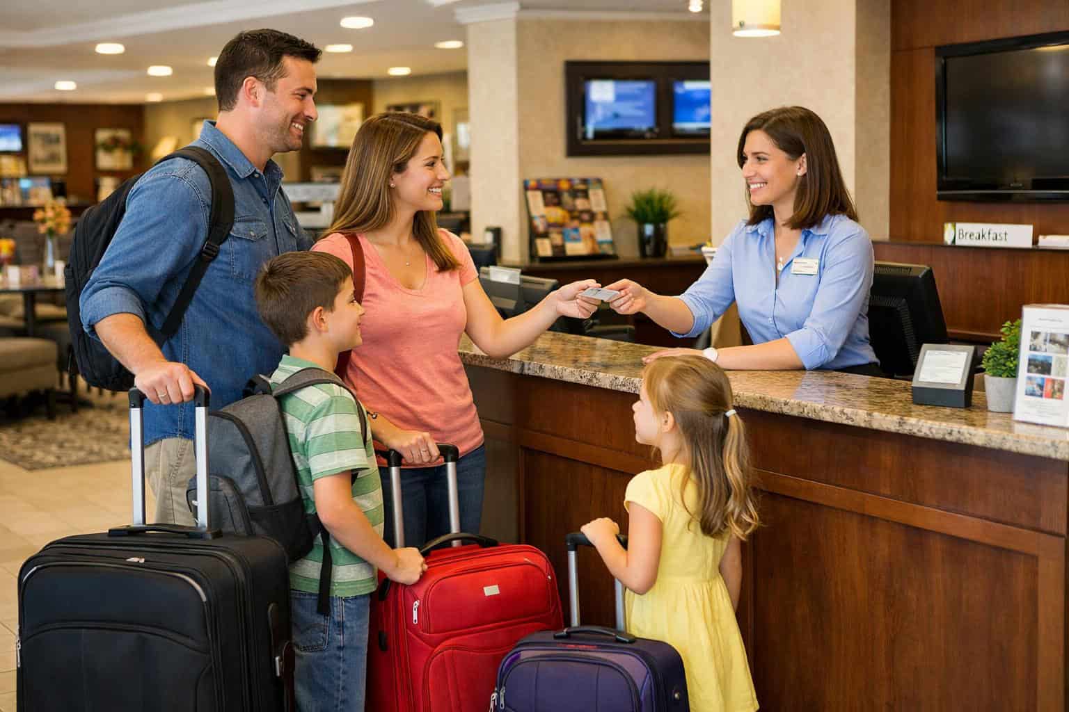 Family using budget hotel tips to save money on a hotel stay