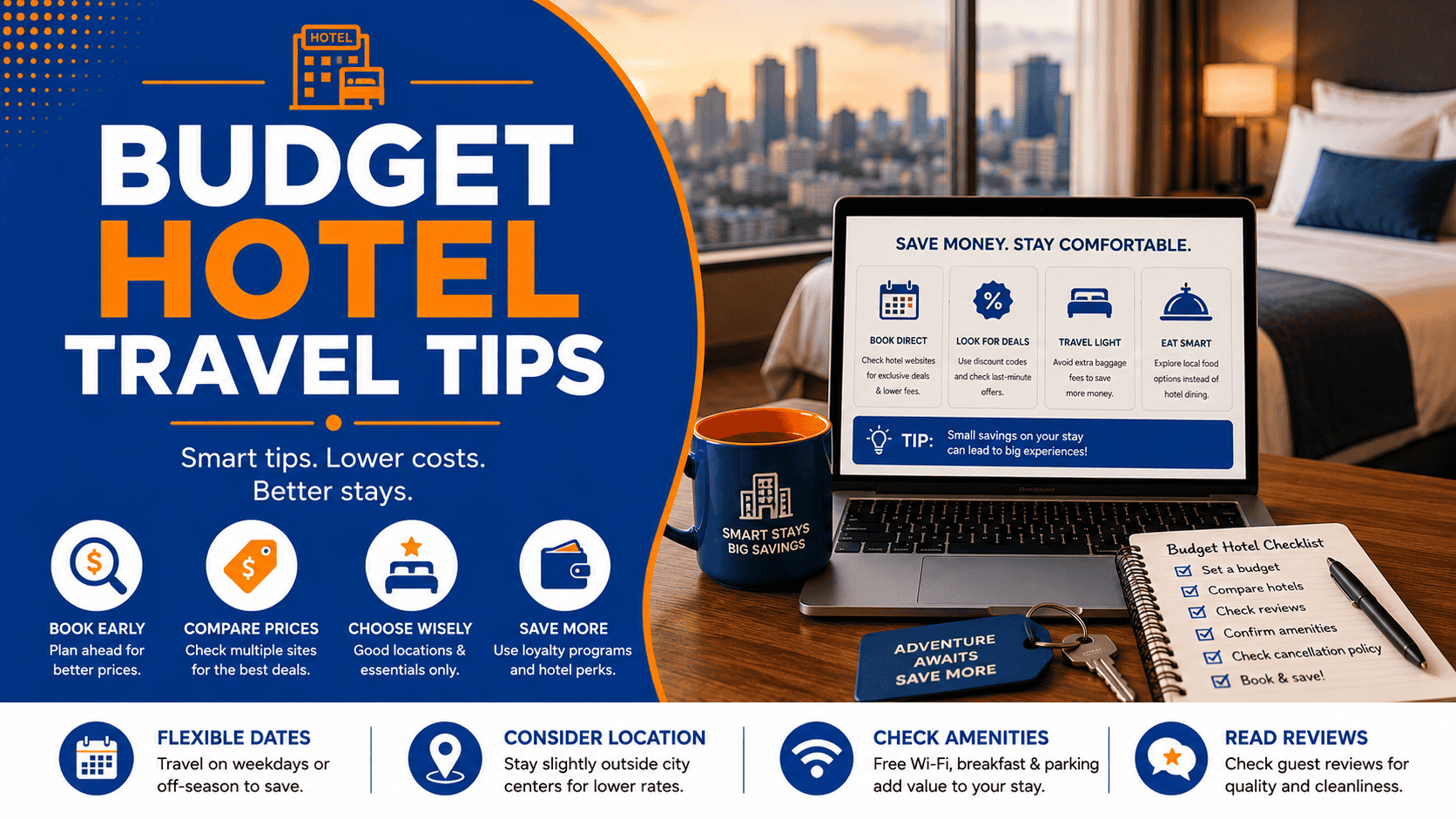 Hero banner for a budget hotel travel tips guide with hotel savings icons, booking checklist, laptop, and blue and orange travel design.
