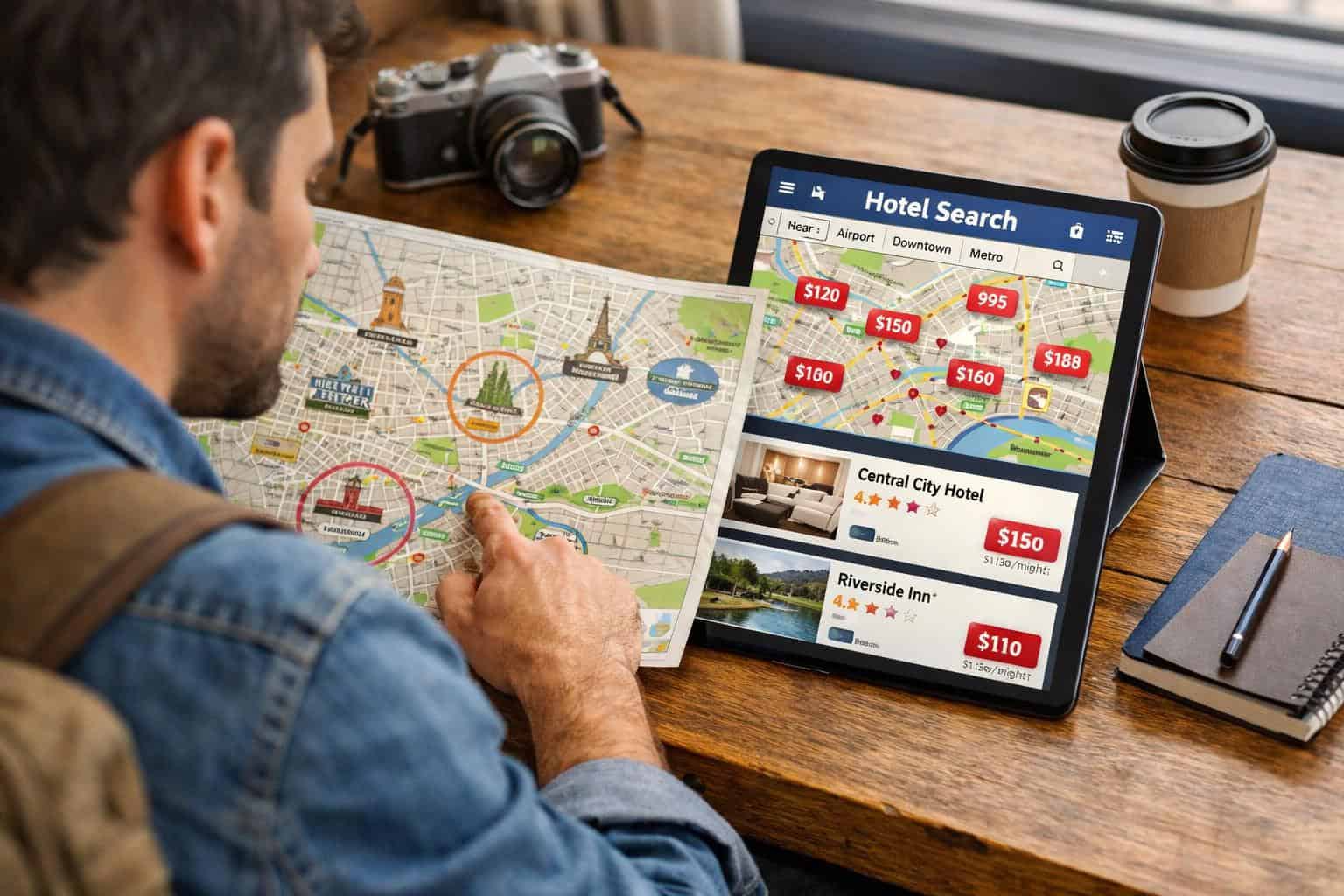 Traveler comparing hotel locations to find the best value