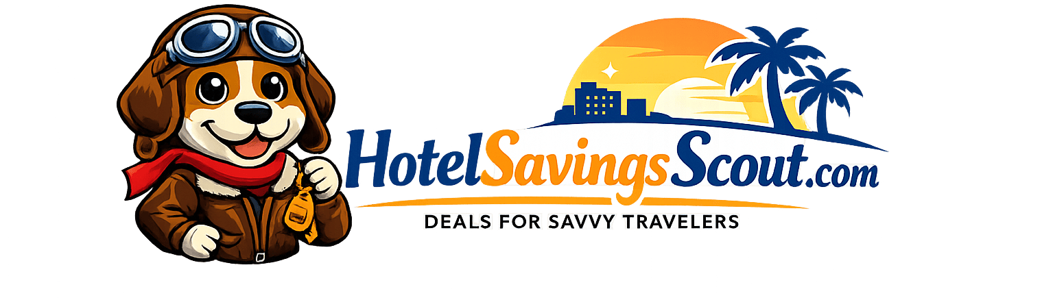 Hotel Savings Scout aviator dog logo representing hotel deals, lodging savings, and budget-friendly hotel booking tips.