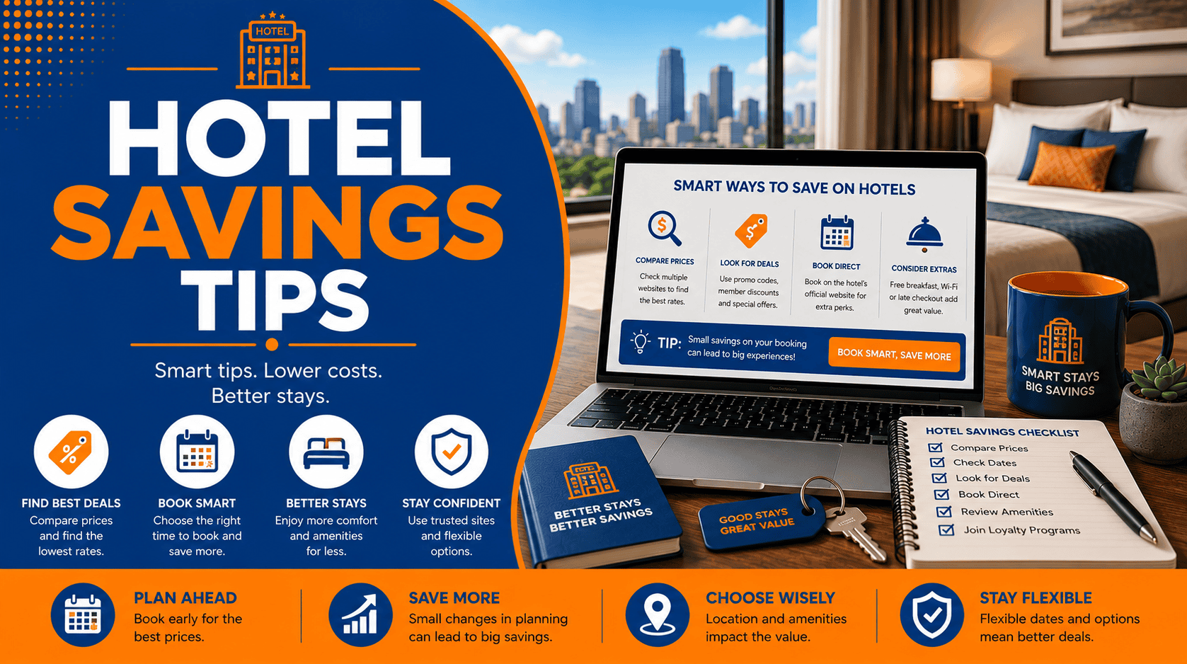 Hero banner for a hotel savings tips guide showing smart hotel booking tools, a laptop, checklist, and blue and orange travel graphics.