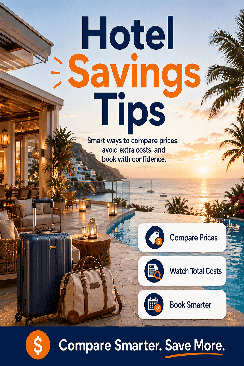 Hotel savings tips with luggage and city hotel background