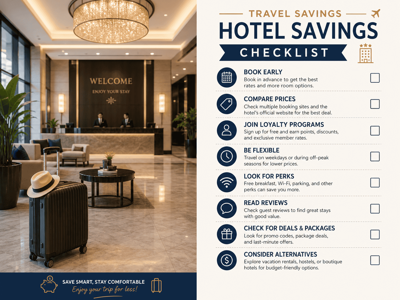 Hotel lobby and travel savings checklist for hotel savings tips