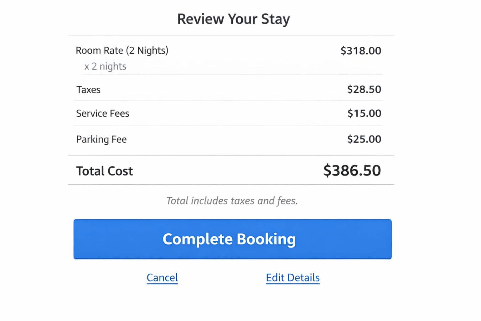 Hotel booking total showing taxes and extra charges