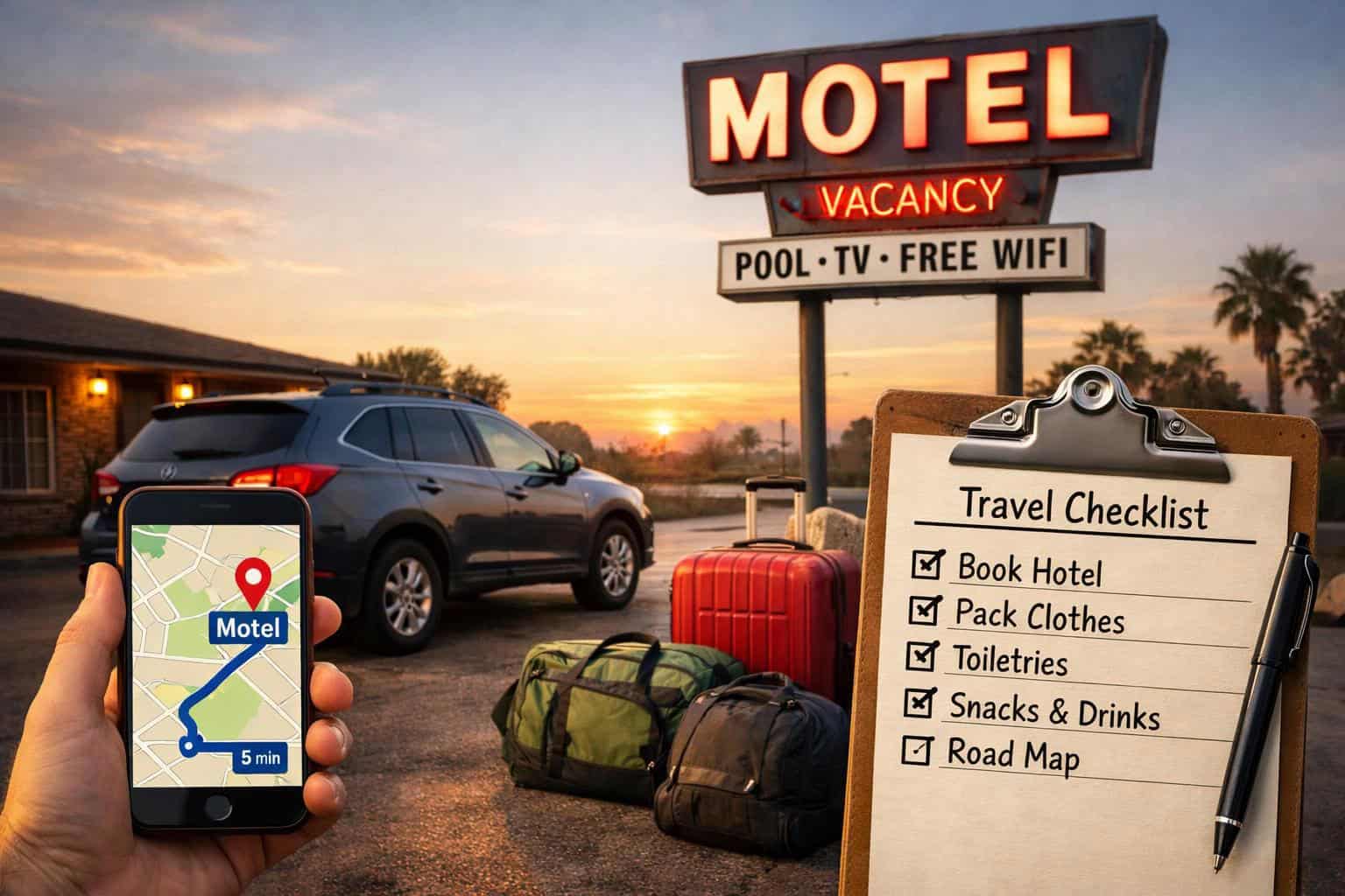 Road trip hotel planning with luggage, car, and travel checklist