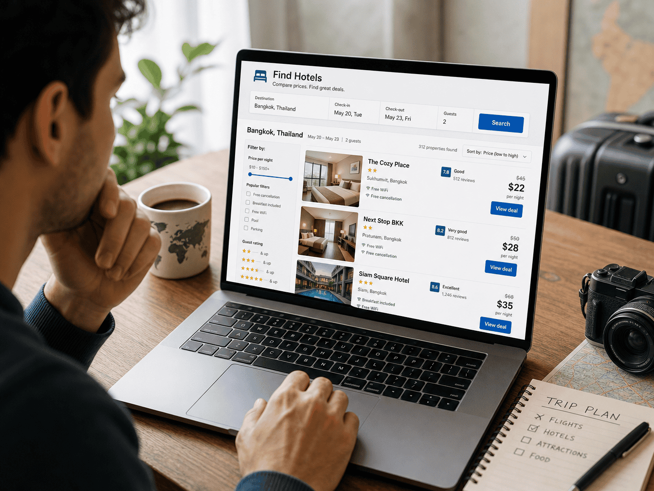 Traveler comparing hotel prices online to find cheap hotels