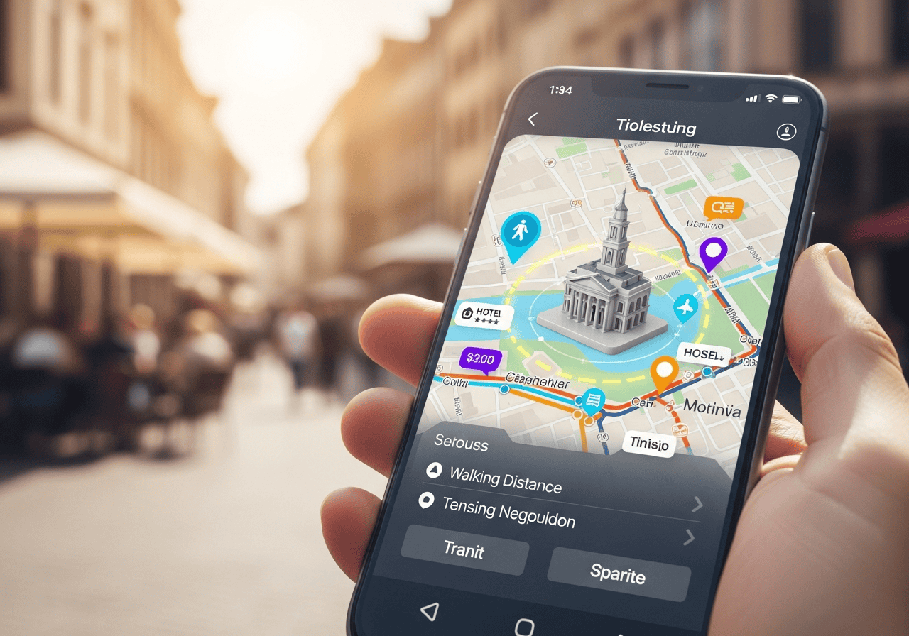 Traveler finding hotels near attractions using a hotel map