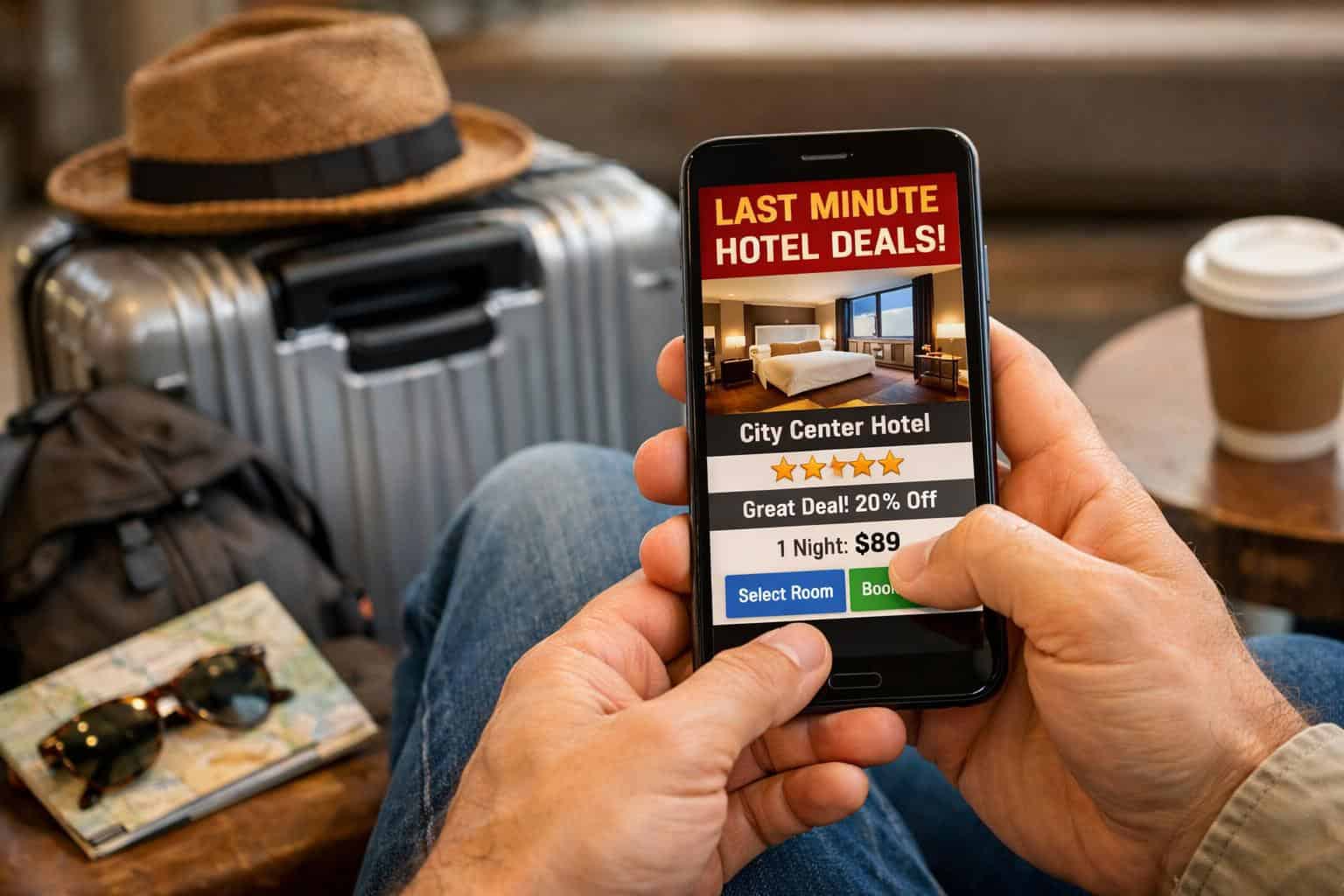 raveler checking last-minute hotel booking options on a phone